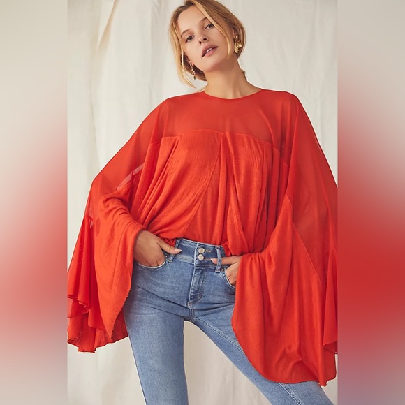 Free People On The Weekend Flowy Bell Sleeve Blouse Persimmon Red Sm NEW NWT - Picture 1 of 12